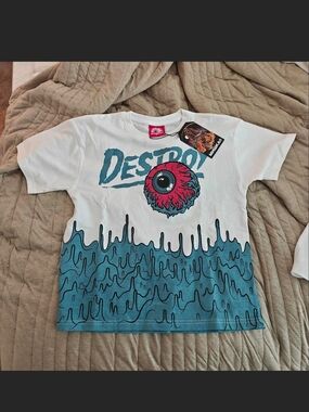 Mishka White T-Shirt with Pink Eyeball & Teal Drip Graphic